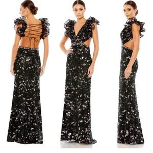 NWT Mac Duggal Sequin Embellished Ruffle Shoulder Lace-Up Back Sheath Gown 8
